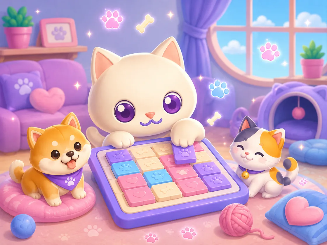Cute PawGrid pets gathered around a pastel puzzle board