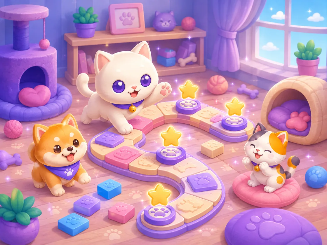 PawGrid pets exploring a cozy puzzle level path with stars