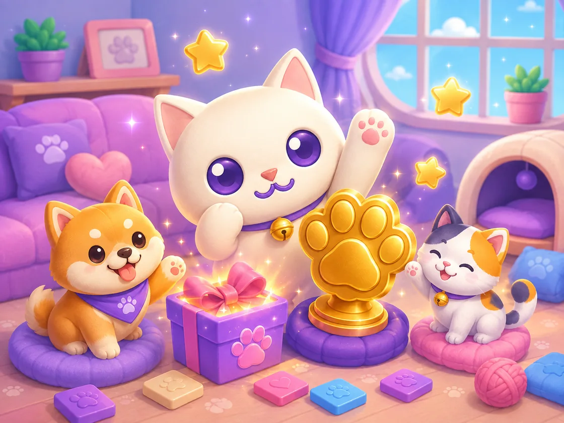 PawGrid pets celebrating with a golden paw trophy and rewards